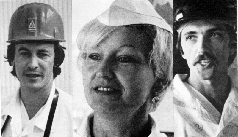 Od lewej: Naczelnik ds. kontroli dozymetrycznej Aleksander Bajew, inżynier meteorologi Anna Korikowa i operator turbin Borys Czernow.